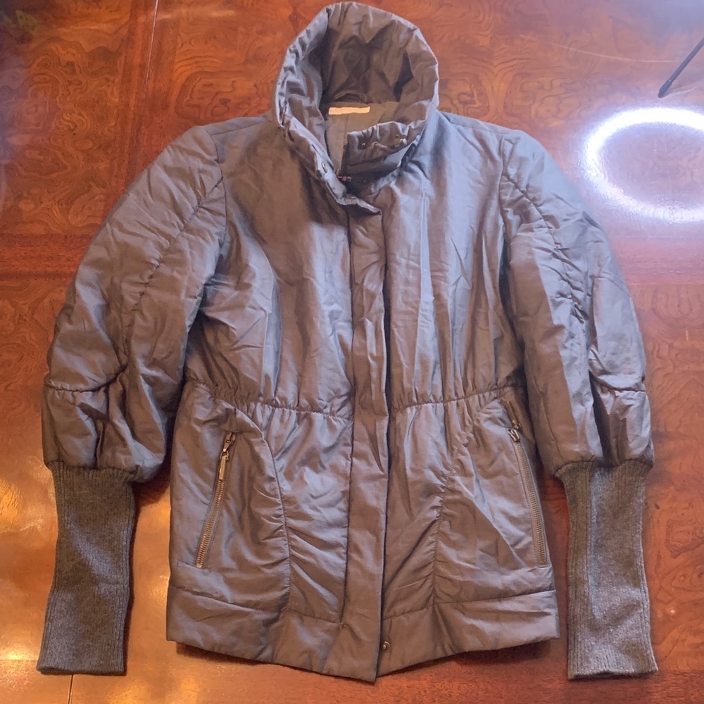 Rivamonti Quilted Gray Puffer Jacket w high funnel neck, cinch waist, knit cuffs